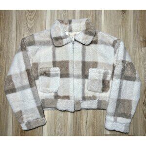 Altard’d State Brown Plaid Faux Fur Cropped Soft Zip Up Jacket - Women Size XS